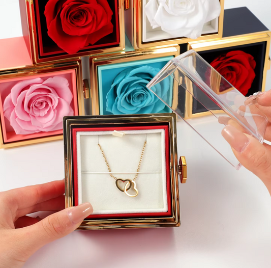 Rotating Eternal Rose with Double Heart Necklace Gift Set