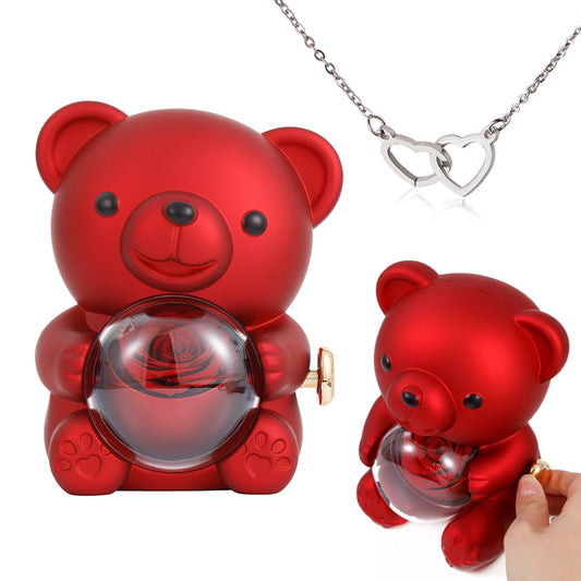 Engraved Heart Necklace with Bear & Preserved Rose Gift